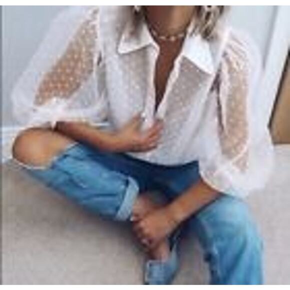 Zara White Organza Puff Sleeve Polka Swiss Dot Semi Sheer Blouse XS - Picture 1 of 14